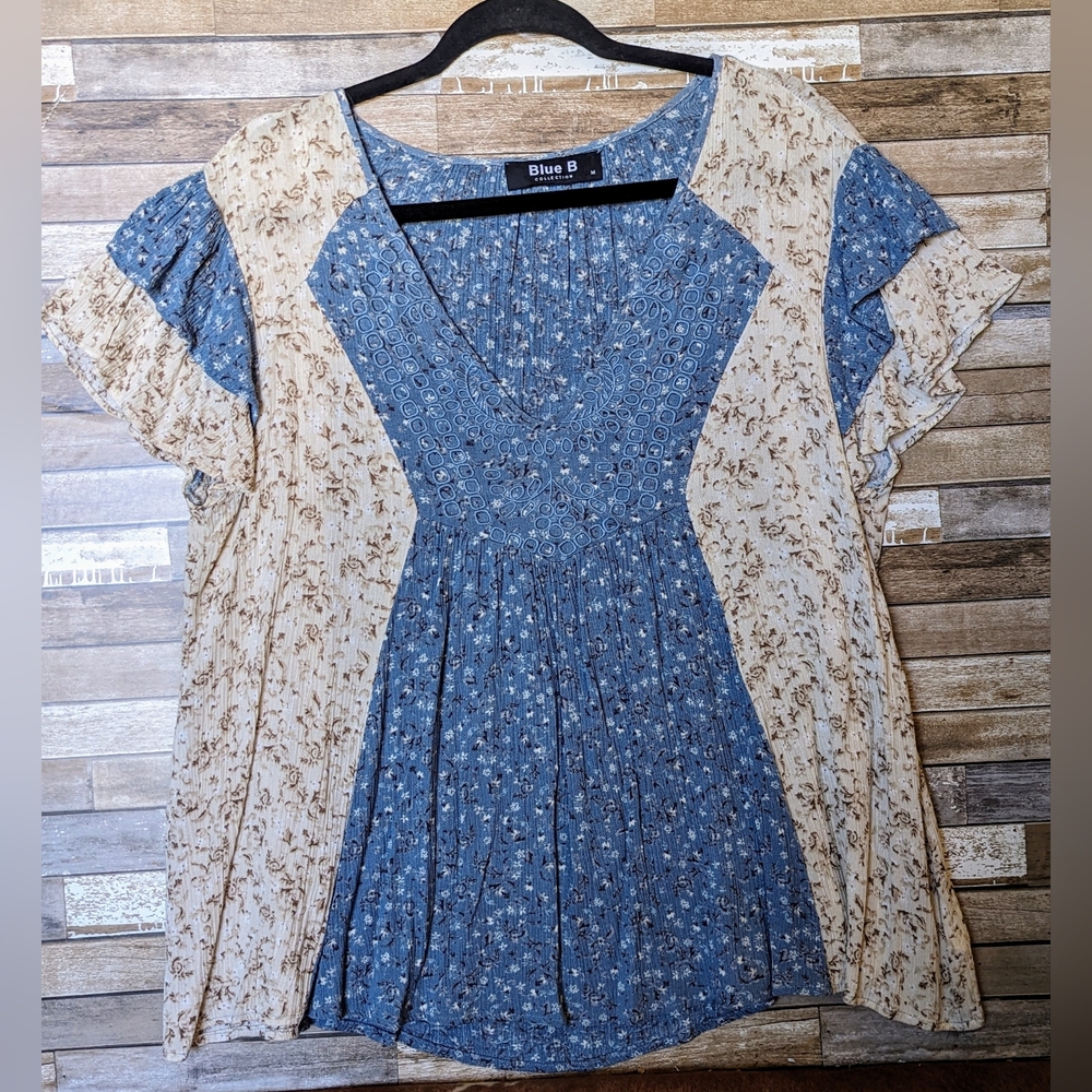 Blue B Collection Boho Floral Blue & Cream Ruffled Sleeved Tunic